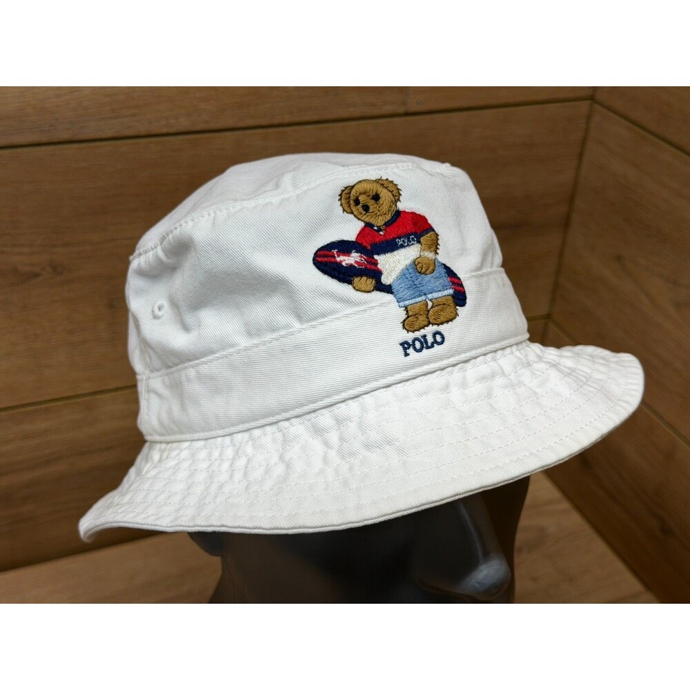 Polo Ralph Lauren Polo Bear w/ Surfboard Bucket Hat White Size L/XL Excellent